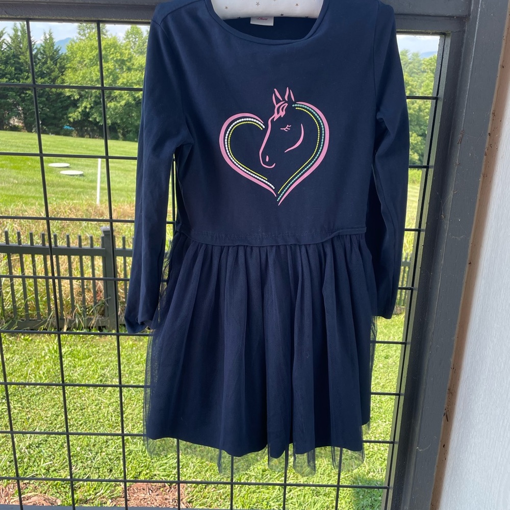 Navy Blue Kids Dress with Heart and Horse Design